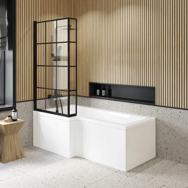 L Shaped 1700 Shower Bath with Front Panel & 6mm Easy Clean Matt Black Grid Bath Screen - Left Handed