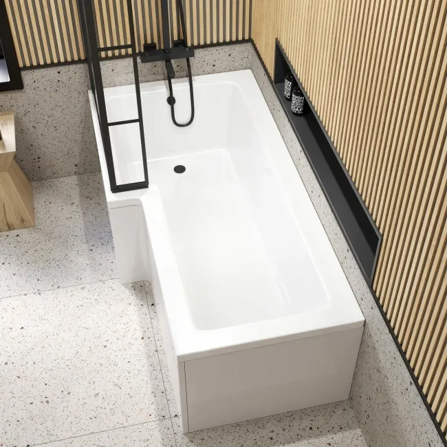 L Shaped 1700 Shower Bath with Front Panel & 6mm Easy Clean Matt Black Grid Bath Screen - Left Handed