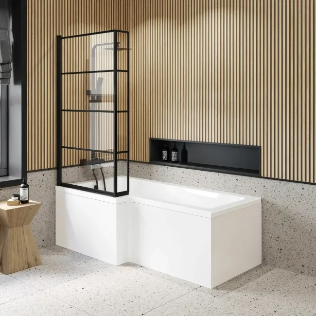 L Shaped 1700 Shower Bath with Front Panel & 6mm Easy Clean Matt Black Grid Bath Screen - Left Handed