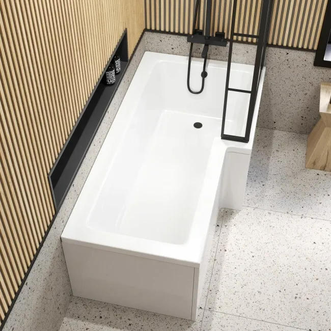 L Shaped 1700 Shower Bath with Front Panel & 6mm Easy Clean Matt Black Grid Bath Screen - Right Handed