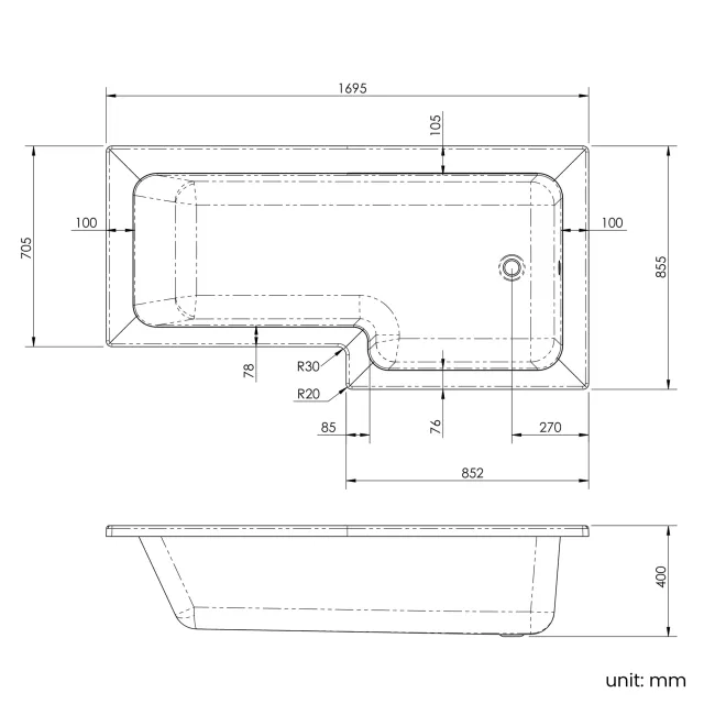 L Shaped 1700 Shower Bath & 6mm Easy Clean Brushed Brass Bath Screen - Right Handed