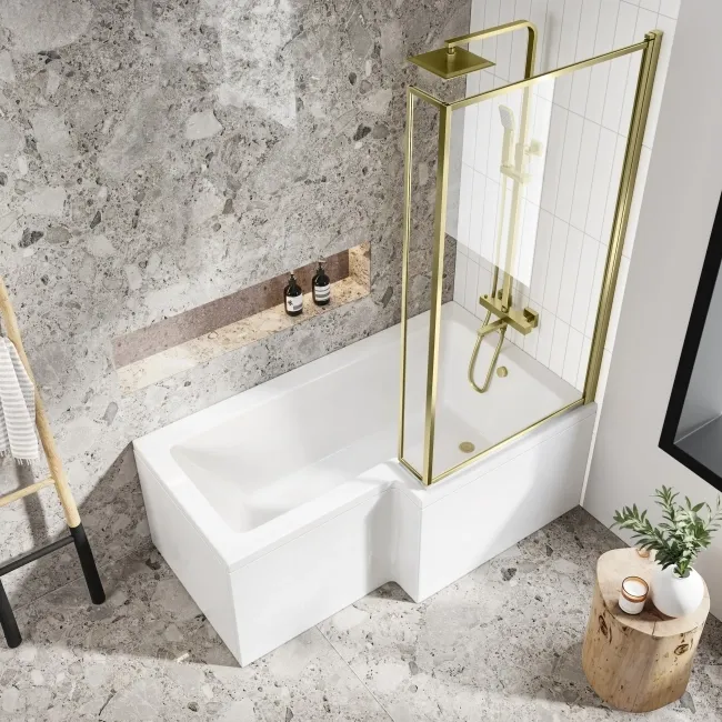 L Shaped 1500 Shower Bath with Front Panel & 6mm Easy Clean Brushed Brass Bath Screen - Right Handed