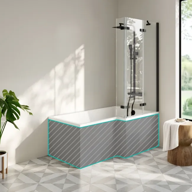 Brixton L Shaped 1500 Shower Bath & 6mm Easy Clean Matt Black Folding Bath Screen - Right Handed