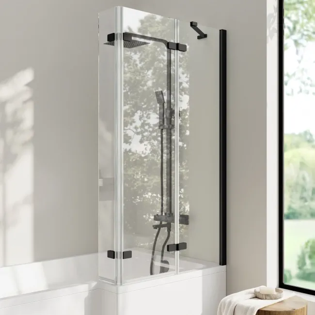 Brixton L Shaped 1500 Shower Bath & 6mm Easy Clean Matt Black Folding Bath Screen - Right Handed
