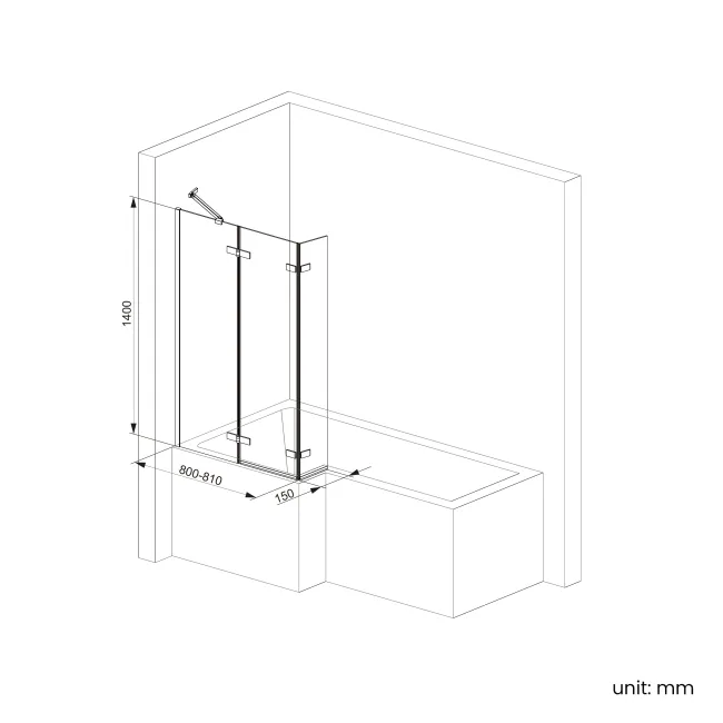 Brixton L Shaped 1500 Shower Bath & 6mm Easy Clean Matt Black Folding Bath Screen - Right Handed