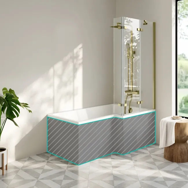 Brixton L Shaped 1500 Shower Bath & 6mm Easy Clean Brushed Brass Folding Bath Screen - Right Handed