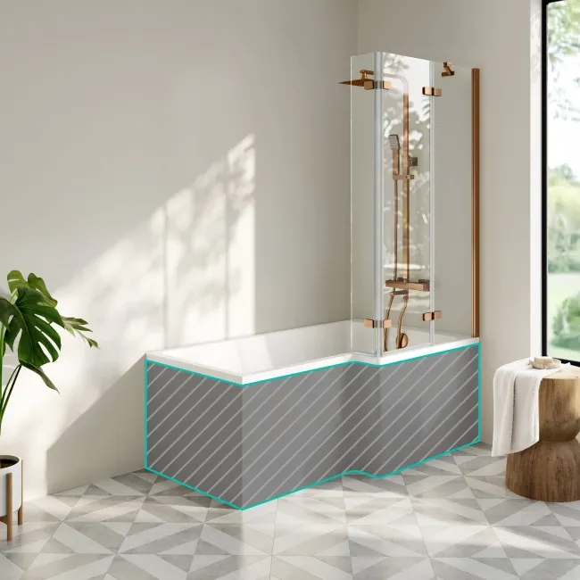 Brixton L Shaped 1500 Shower Bath & 6mm Easy Clean Brushed Copper Folding Bath Screen - Right Handed