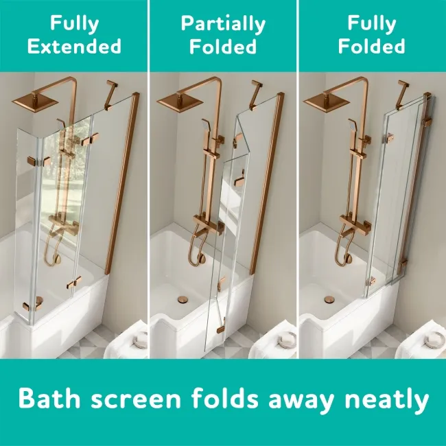 Brixton L Shaped 1500 Shower Bath & 6mm Easy Clean Brushed Copper Folding Bath Screen - Right Handed