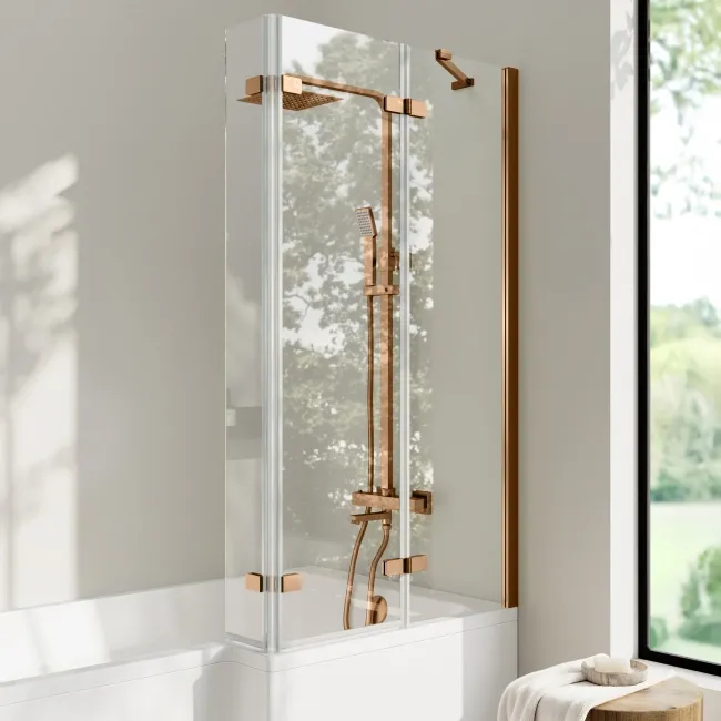 Brixton L Shaped 1500 Shower Bath & 6mm Easy Clean Brushed Copper Folding Bath Screen - Right Handed