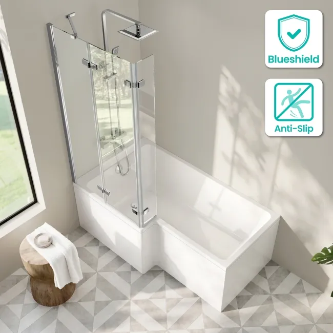 Brixton L Shaped 1600 Shower Bath & 6mm Easy Clean Chrome Folding Bath Screen - Left Handed