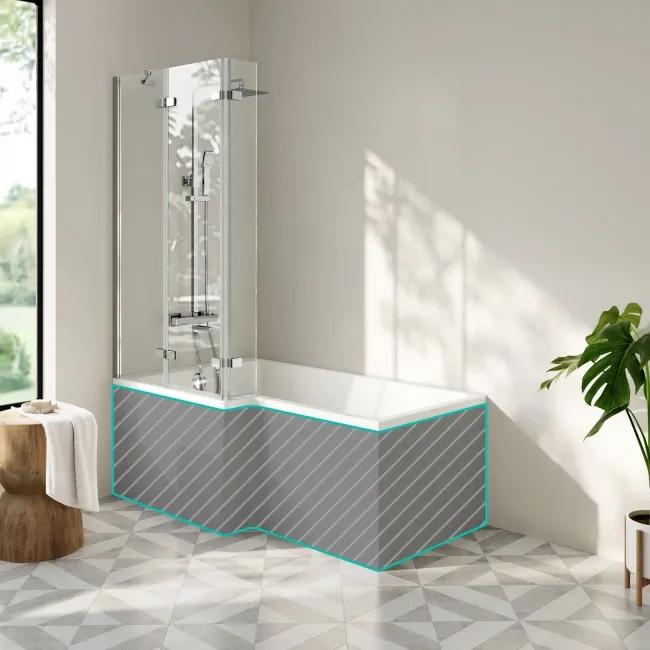 Brixton L Shaped 1600 Shower Bath & 6mm Easy Clean Chrome Folding Bath Screen - Left Handed