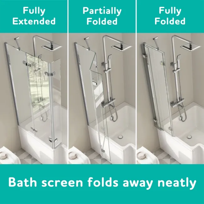Brixton L Shaped 1600 Shower Bath & 6mm Easy Clean Chrome Folding Bath Screen - Left Handed
