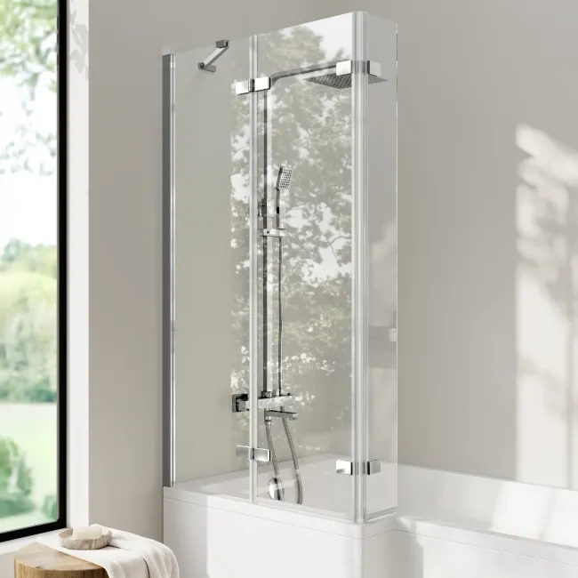 Brixton L Shaped 1600 Shower Bath & 6mm Easy Clean Chrome Folding Bath Screen - Left Handed