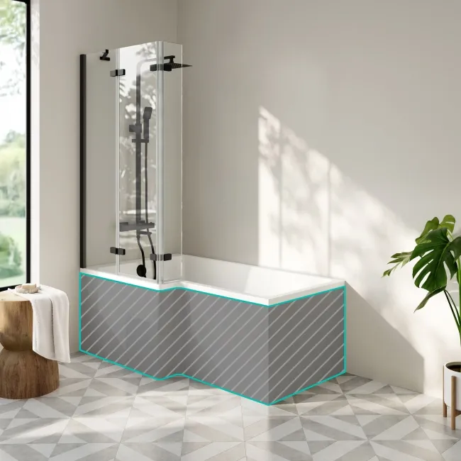 Brixton L Shaped 1600 Shower Bath & 6mm Easy Clean Matt Black Folding Bath Screen - Left Handed
