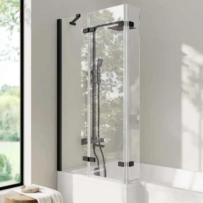 Brixton L Shaped 1600 Shower Bath & 6mm Easy Clean Matt Black Folding Bath Screen - Left Handed