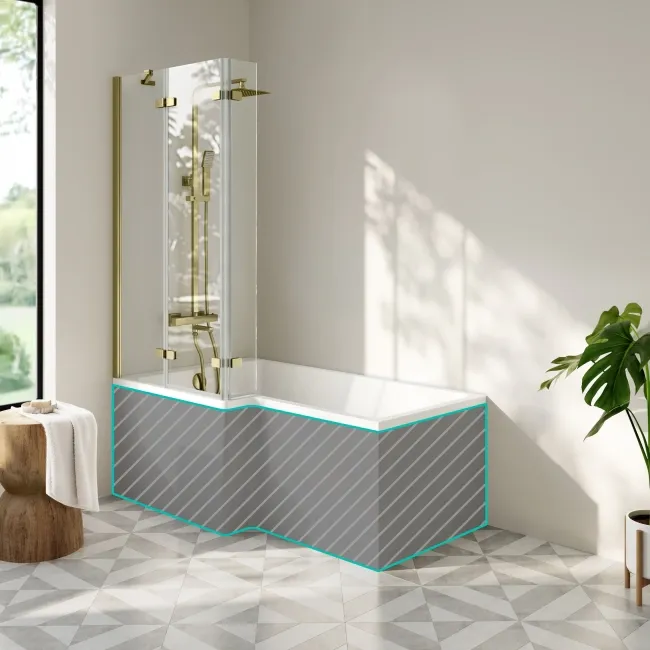 Brixton L Shaped 1600 Shower Bath & 6mm Easy Clean Brushed Brass Folding Bath Screen - Left Handed
