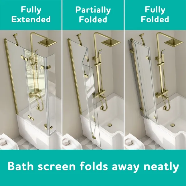 Brixton L Shaped 1600 Shower Bath & 6mm Easy Clean Brushed Brass Folding Bath Screen - Left Handed