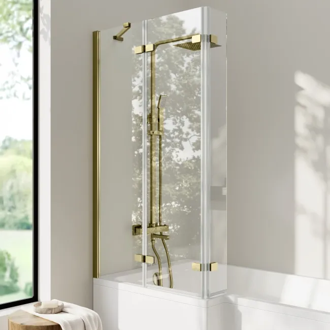 Brixton L Shaped 1600 Shower Bath & 6mm Easy Clean Brushed Brass Folding Bath Screen - Left Handed