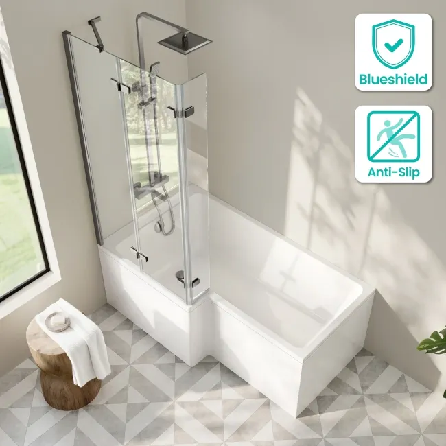 Brixton L Shaped 1600 Shower Bath & 6mm Easy Clean Brushed Gunmetal Folding Bath Screen - Left Handed