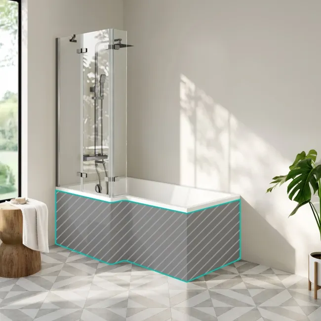 Brixton L Shaped 1600 Shower Bath & 6mm Easy Clean Brushed Gunmetal Folding Bath Screen - Left Handed