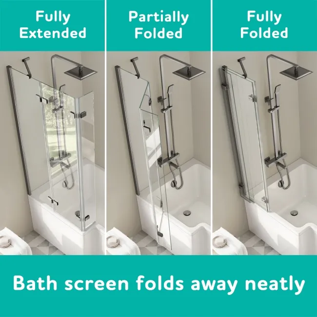 Brixton L Shaped 1600 Shower Bath & 6mm Easy Clean Brushed Gunmetal Folding Bath Screen - Left Handed