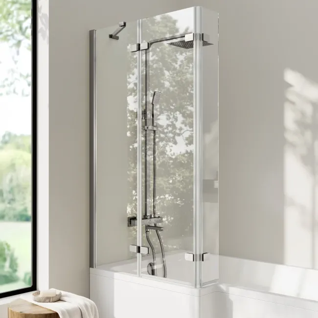 Brixton L Shaped 1600 Shower Bath & 6mm Easy Clean Brushed Gunmetal Folding Bath Screen - Left Handed