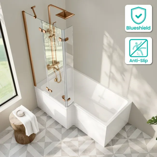 Brixton L Shaped 1600 Shower Bath & 6mm Easy Clean Brushed Copper Folding Bath Screen - Left Handed