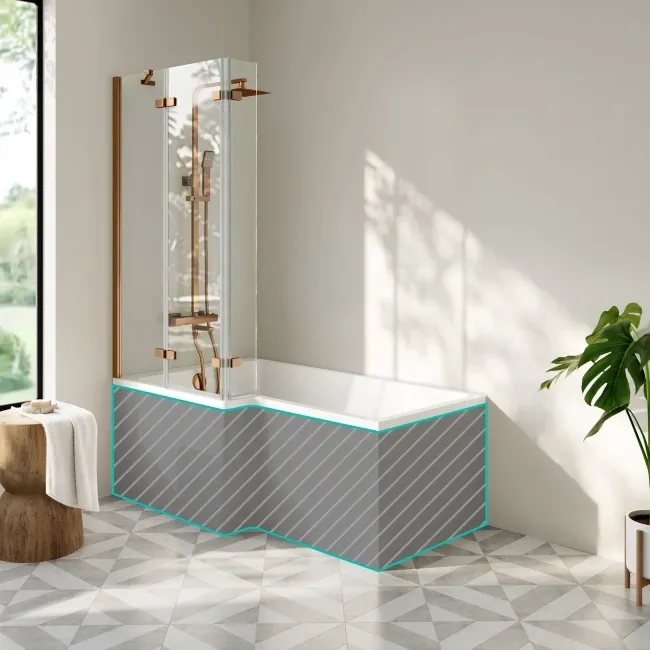 Brixton L Shaped 1600 Shower Bath & 6mm Easy Clean Brushed Copper Folding Bath Screen - Left Handed