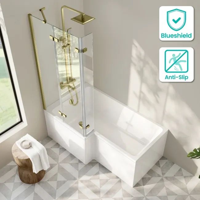 Brixton L Shaped 1500 Shower Bath with Front Panel & 6mm Easy Clean Brushed Brass Folding Bath Screen - Left Handed
