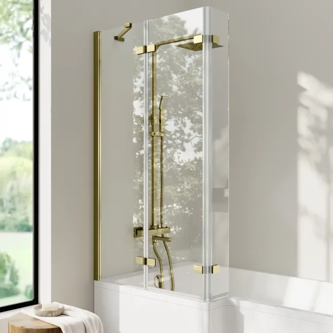 Brixton L Shaped 1500 Shower Bath with Front Panel & 6mm Easy Clean Brushed Brass Folding Bath Screen - Left Handed