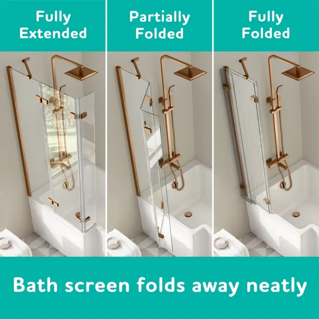 Brixton L Shaped 1500 Shower Bath with Front Panel & 6mm Easy Clean Brushed Copper Folding Bath Screen - Left Handed