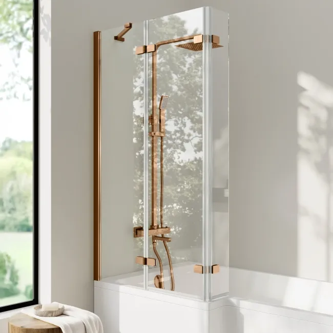 Brixton L Shaped 1500 Shower Bath with Front Panel & 6mm Easy Clean Brushed Copper Folding Bath Screen - Left Handed