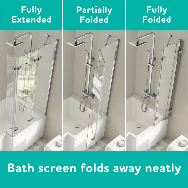 Brixton L Shaped 1500 Shower Bath with Front Panel & 6mm Easy Clean Chrome Folding Bath Screen - Right Handed