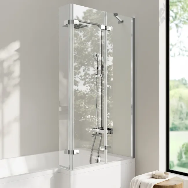 Brixton L Shaped 1500 Shower Bath with Front Panel & 6mm Easy Clean Chrome Folding Bath Screen - Right Handed