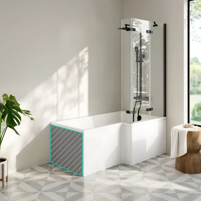 Brixton L Shaped 1500 Shower Bath with Front Panel & 6mm Easy Clean Matt Black Folding Bath Screen - Right Handed
