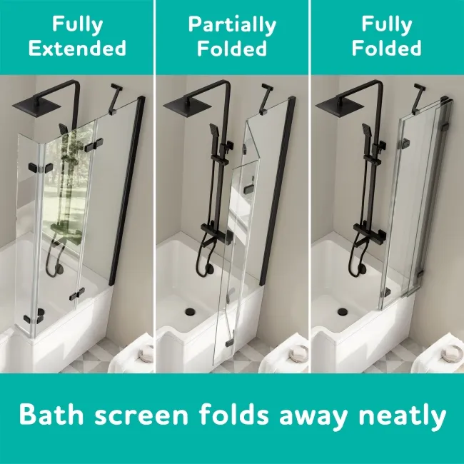 Brixton L Shaped 1500 Shower Bath with Front Panel & 6mm Easy Clean Matt Black Folding Bath Screen - Right Handed