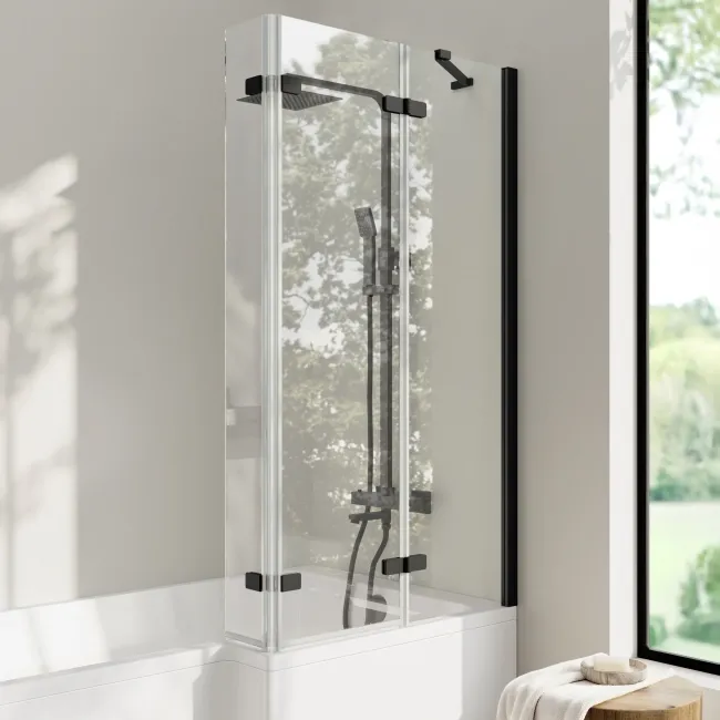 Brixton L Shaped 1500 Shower Bath with Front Panel & 6mm Easy Clean Matt Black Folding Bath Screen - Right Handed