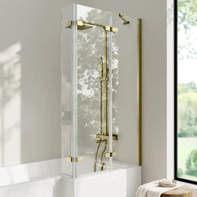 Brixton L Shaped 1500 Shower Bath with Front Panel & 6mm Easy Clean Brushed Brass Folding Bath Screen - Right Handed