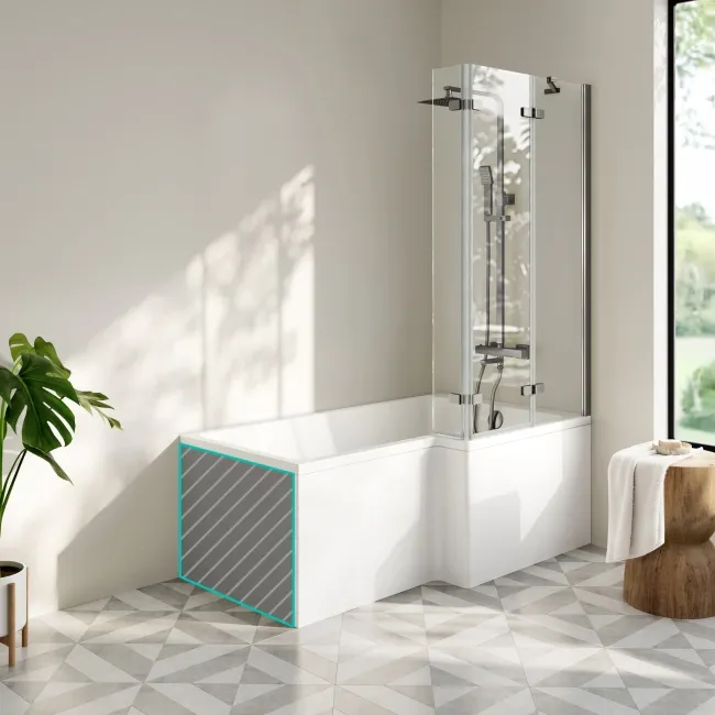 Brixton L Shaped 1500 Shower Bath with Front Panel & 6mm Easy Clean Brushed Gunmetal Folding Bath Screen - Right Handed