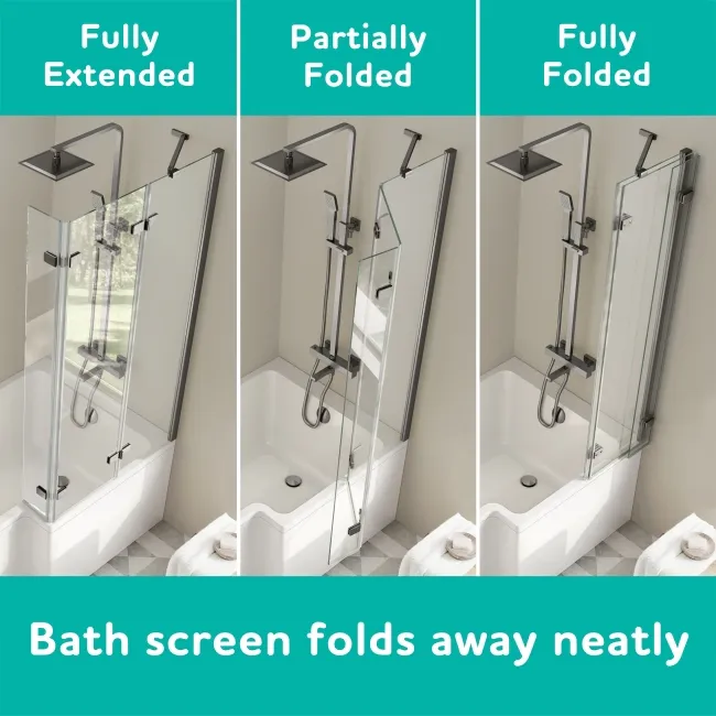 Brixton L Shaped 1500 Shower Bath with Front Panel & 6mm Easy Clean Brushed Gunmetal Folding Bath Screen - Right Handed