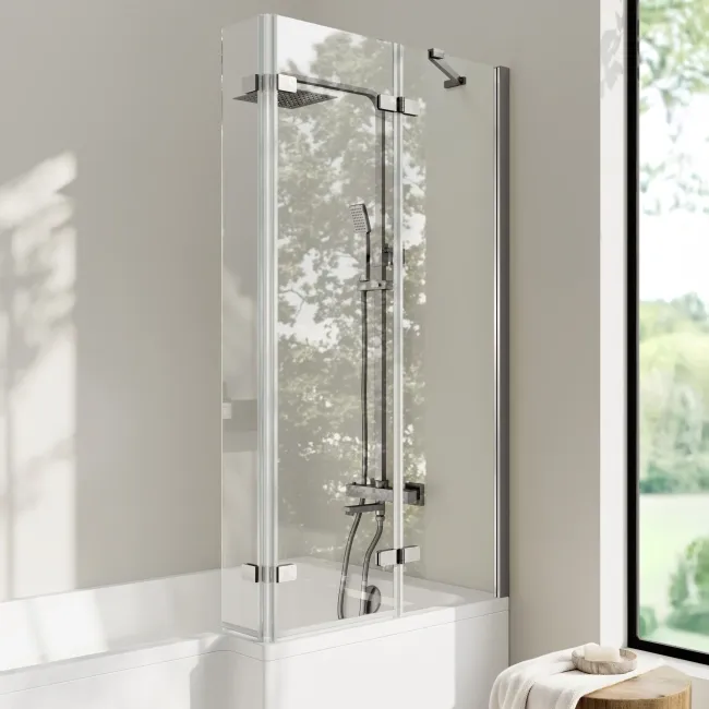 Brixton L Shaped 1500 Shower Bath with Front Panel & 6mm Easy Clean Brushed Gunmetal Folding Bath Screen - Right Handed