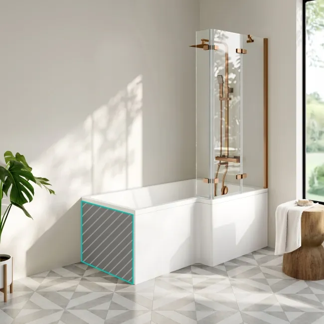 Brixton L Shaped 1500 Shower Bath with Front Panel & 6mm Easy Clean Brushed Copper Folding Bath Screen - Right Handed