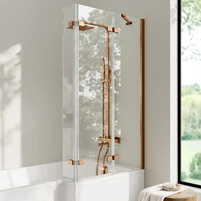 Brixton L Shaped 1500 Shower Bath with Front Panel & 6mm Easy Clean Brushed Copper Folding Bath Screen - Right Handed