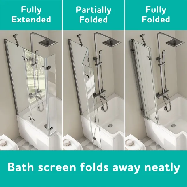 Brixton L Shaped 1700 Shower Bath with Front Panel & 6mm Easy Clean Brushed Gunmetal Folding Bath Screen - Left Handed