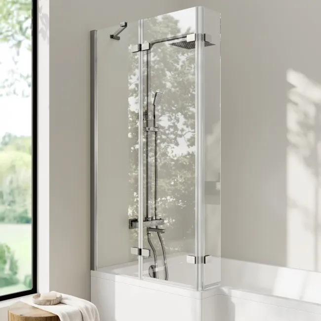 Brixton L Shaped 1700 Shower Bath with Front Panel & 6mm Easy Clean Brushed Gunmetal Folding Bath Screen - Left Handed