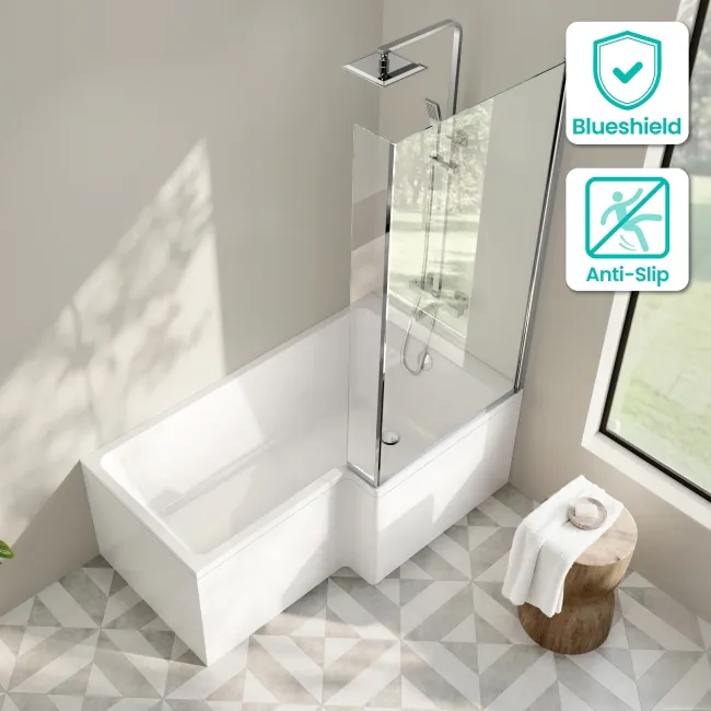 Brixton L Shaped 1500 Shower Bath & 6mm Chrome Easy Clean Screen - Right Handed