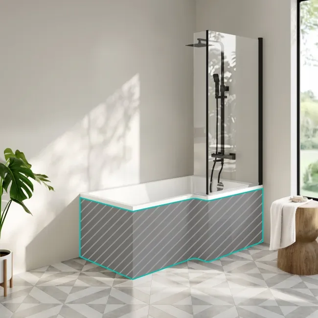 Brixton L Shaped 1500 Shower Bath & 6mm Matt Black Easy Clean Screen - Right Handed