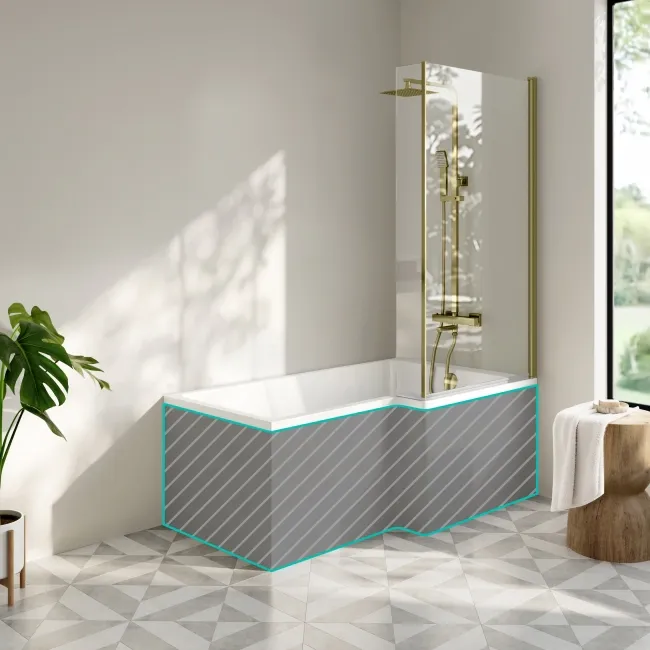 Brixton L Shaped 1500 Shower Bath & 6mm Brushed Brass Easy Clean Screen - Right Handed