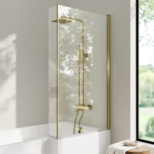 Brixton L Shaped 1500 Shower Bath & 6mm Brushed Brass Easy Clean Screen - Right Handed