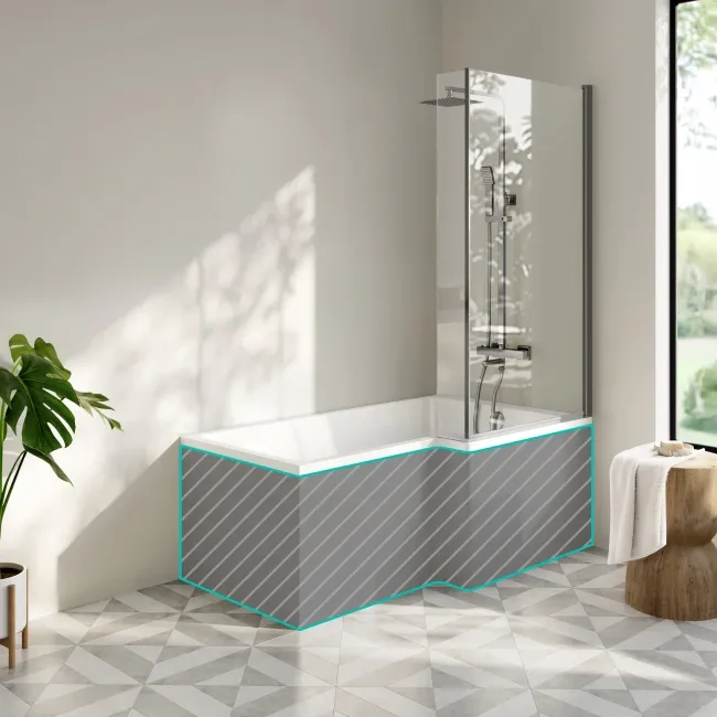 Brixton L Shaped 1500 Shower Bath & 6mm Brushed Gunmetal Easy Clean Screen - Right Handed